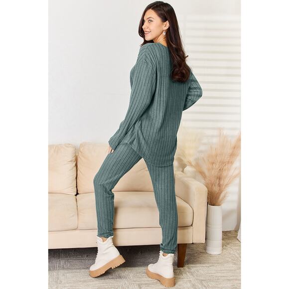 BASIC BAE Deep Teal 2 Piece Notched Long Sleeve Top & Pants Set Plus Size 3X NEW - Picture 4 of 6